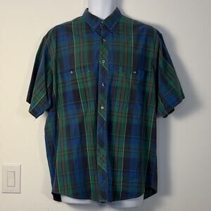 Passage Men L Blue Green Plaid Button-Up Short Sleeve Button-Down Collar Pockets